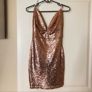 🎉 NEW Sexy Deep V Neck Rose Gold Light Pink Party Sequin Mini Skirt Dress 👗
